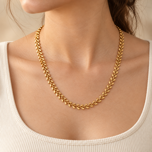 Gold Stainless Steel Leaf Chain Necklace for Women