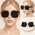Women’s Oversized Black Square Sunglasses with Gold-Tone Accents