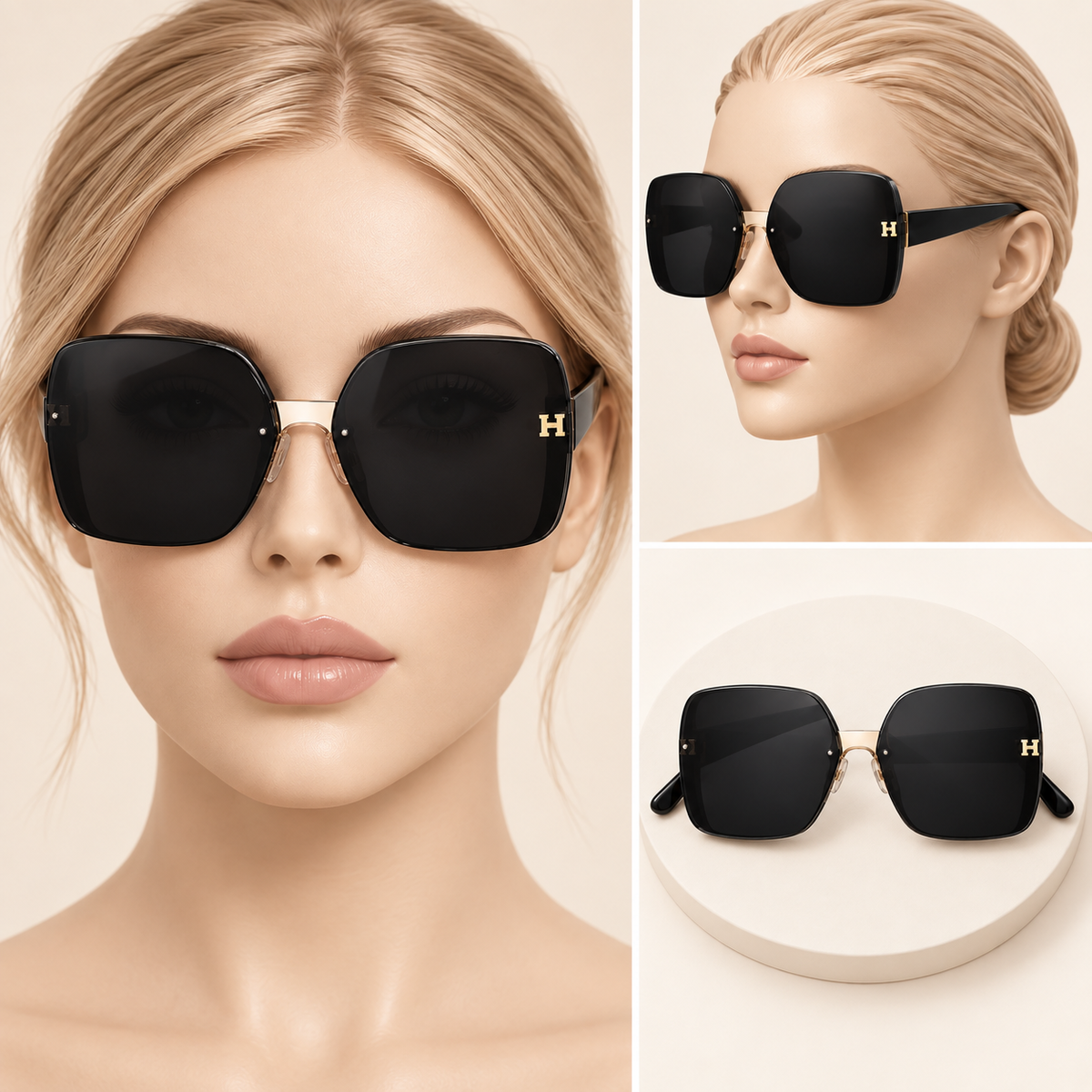 Women’s Oversized Black Square Sunglasses with Gold-Tone Accents